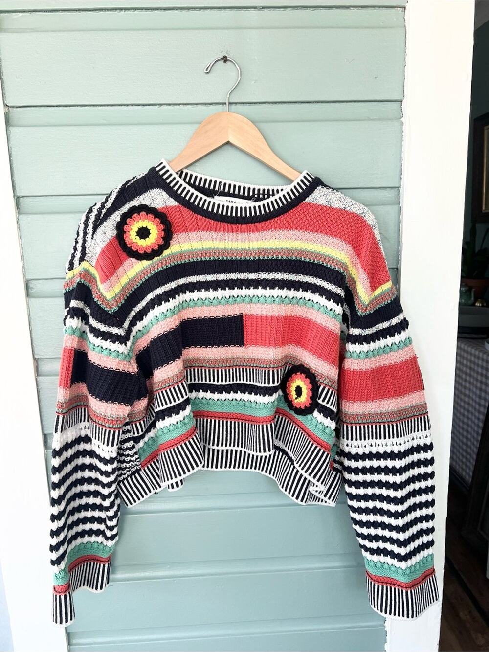 Zara knit funky abstract oversized sweater pullover colorful eclectic grandpa S